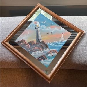 One of a kind lighthouse/coastal scene diamond shaped mirror